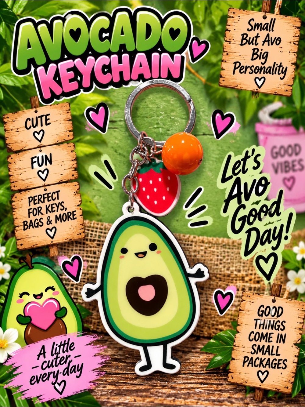 Avocado Keychain Cute Green Charm with Fruit Accents